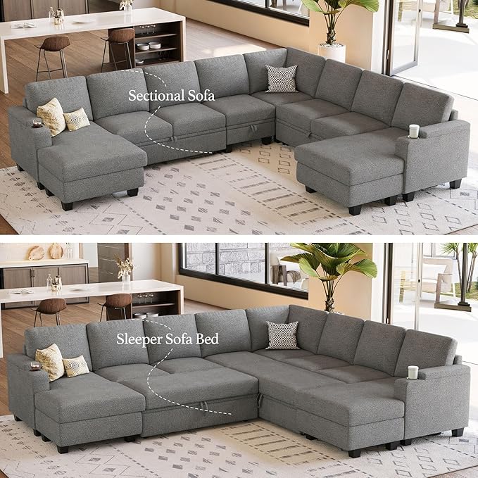 Belffin Oversized Sleeper Sofa U Shaped Modular Sectional Couch with Double Storage Chaise Convertible Sofa Bed. Light Gery Couch