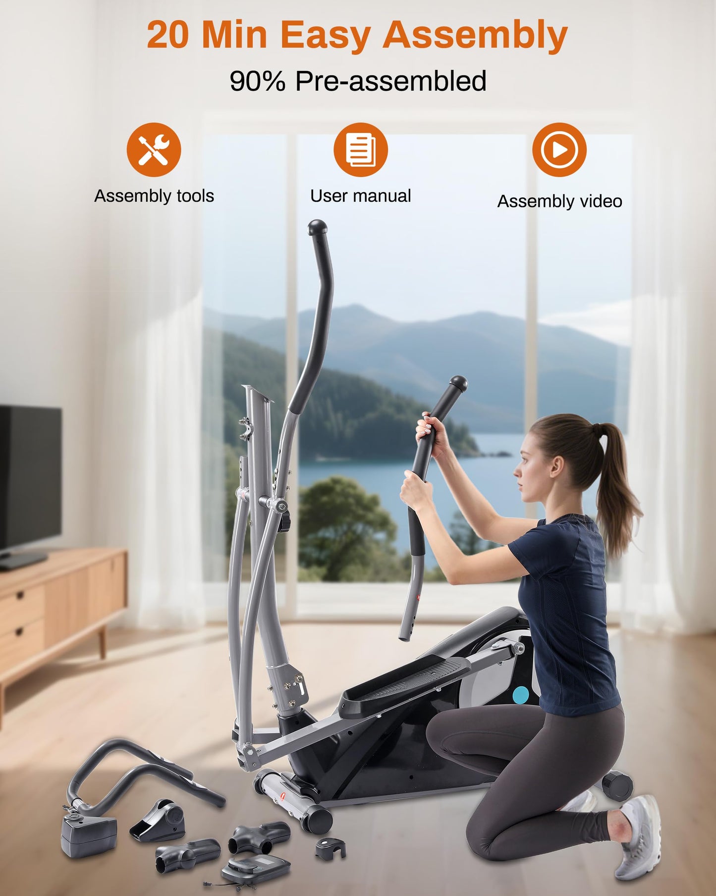 ECHANFIT Elliptical Exercise Machine, Hyper-Quiet Magnetic Elliptical Machine for Home, Elliptical Training Machines with 16 Resistance Levels, App Bluetooth, LCD Monitor, Pulse Sensor, Device Mount