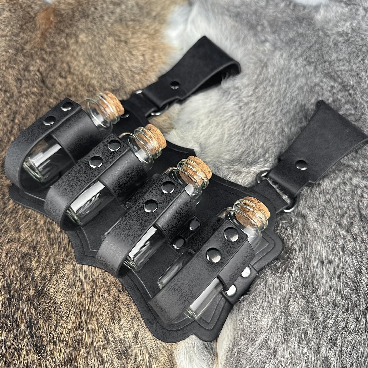HiiFeuer Medieval Embossed Alchemy Faux Leather Buckle Belt with 4 Cork Vials, Fantasy Wizard Potion Bottles Belt (Black B)