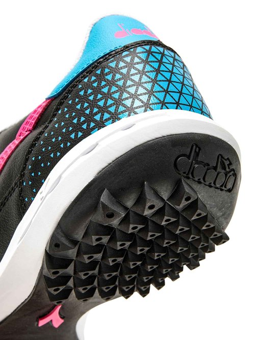 Diadora Calcetto LT Turf Soccer Shoes - Full Grain Leather, Enhanced Cushioning, Anti-Wear Rubber, Synthetic Turf, Optimal Traction and Stability, Black/Pink/Cyan Blue, 7 UK