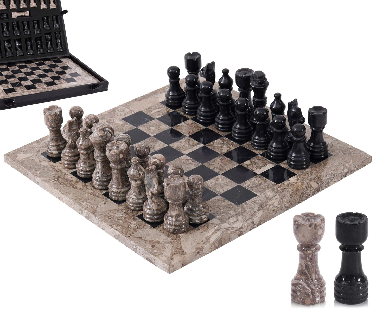Marble Chess Set for Adults 12" Handmade Oceanic & Black Board Game with 32 Chess Pieces, 2 Extra Queens & Storage Box, Luxury Travel Game, Elegant for Home Decor