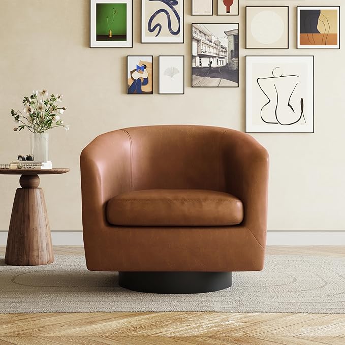 UIXE 360° Swivel Barrel Accent Chair Armchair, PU Leather Round Club Arm Chair for Lving Room, Modern Upholstered Small Bedroom Single Sofa Seat - Brown, Set of 1