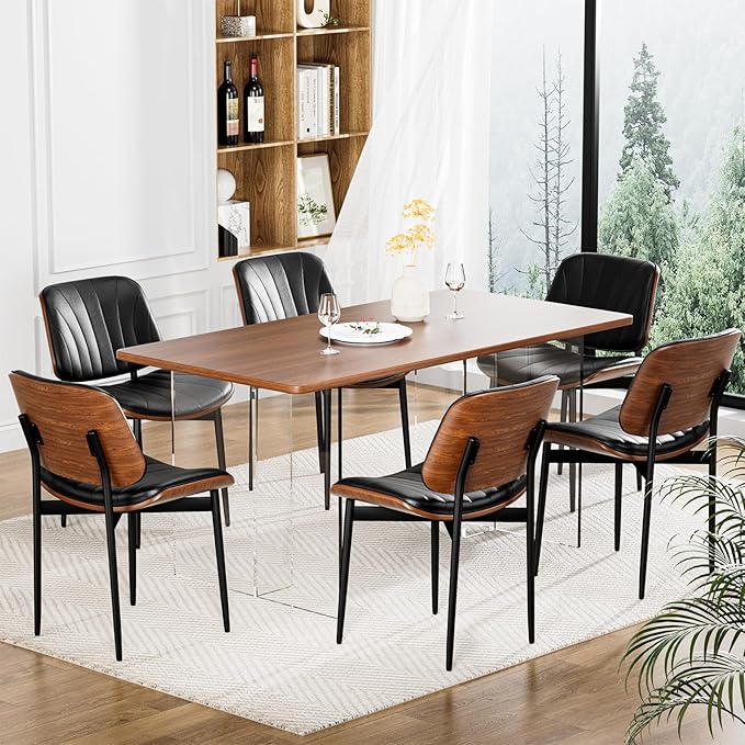 YaFiti Dining Chairs Set of 2, Dining Room and Kitchen Chairs, FSC Certified Mid Century Modern Accent Chair, Upholstered PU Leather Chairs for Vanity with Walnut Bentwood and Metal Legs, Black