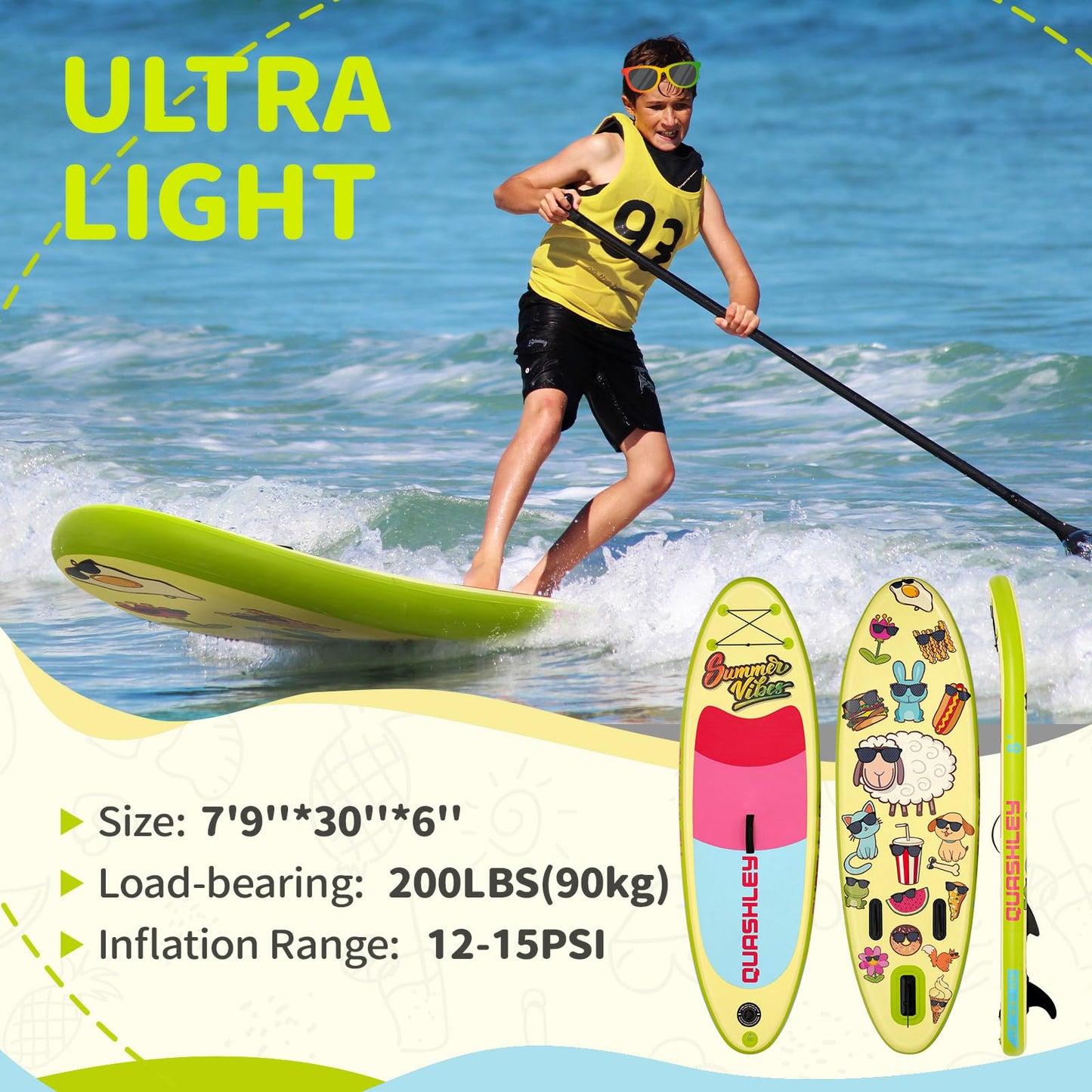 Quashley Kids Stand Up Paddle Board, Inflatable Paddleboards with Sup Board Accessories, Durable, Stable Design, Wide Non-Slip Deck, Hand Pump, Adjustable Aluminum Paddle,Surfboard Youth & Kids