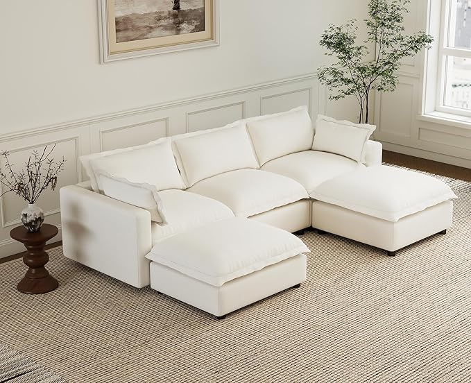 chairus 97" Modular Sectional Sofa with 2 Moveable Ottoman Upholstered Deep Seat Linen Couch Set with Soft Pillows U Shaped Sofa Couch for Living Room, Apartment, Reception Room, 3-Seater/White