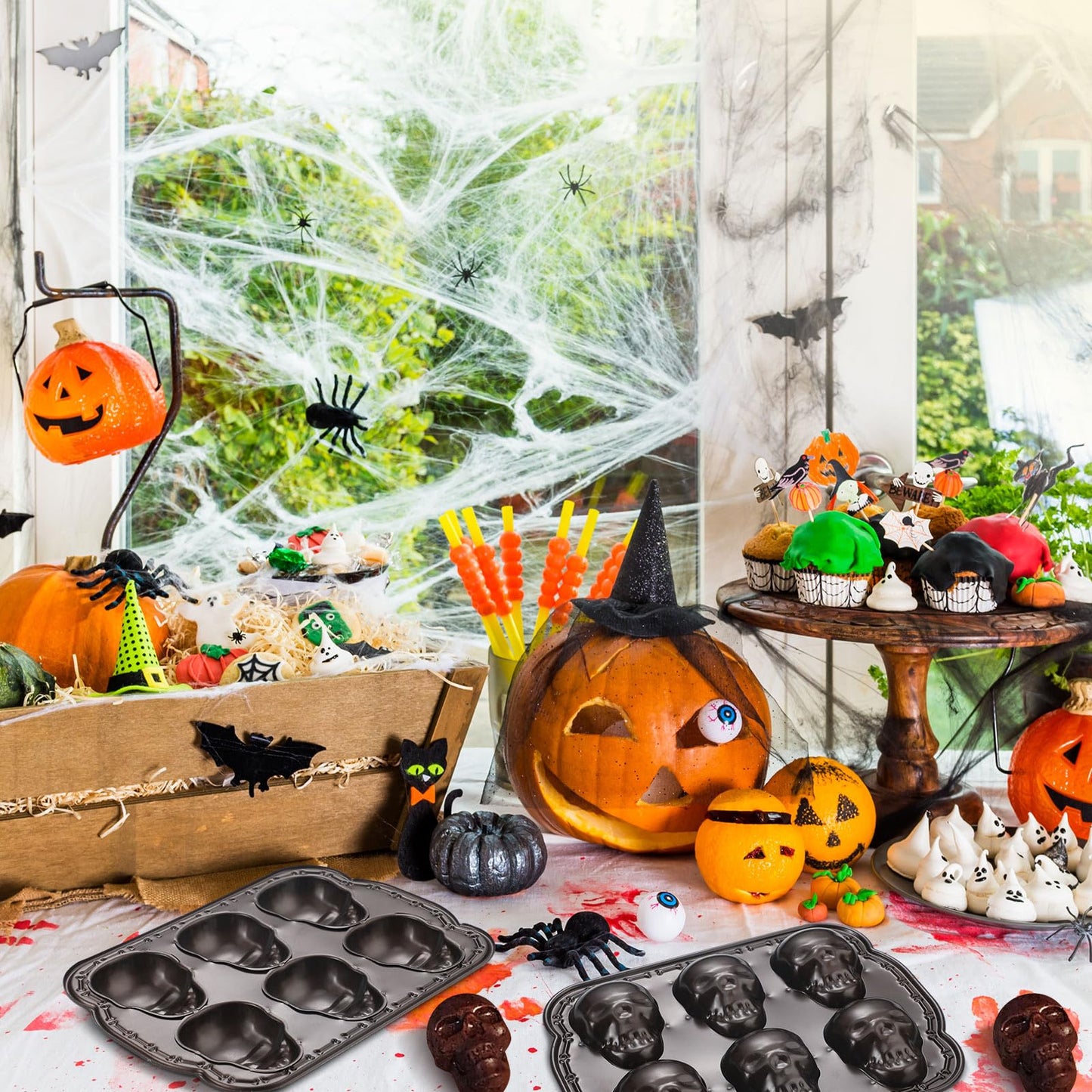 Teenyyou 2 Pcs Halloween Skull Baking Pan 6 Cavities 3D Skull Baking Mold for Pizza Metal Cake Mold Bakeware for Halloween Ice Cupcake Chocolate Pizza Jelly Candy Pudding