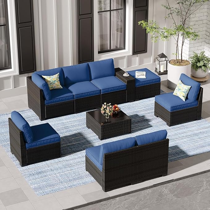 SunloungeCo 9 Pieces Outdoor Patio Furniture Set, Wicker Conversation Sets with Tea Table, Rattan Patio Sofa with Thick Cushions for Garden, Backyard Porch, Poolside,Navy