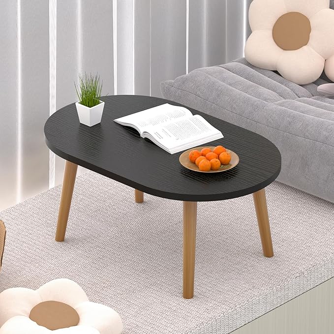 Small Coffee Table for Small Space, Low Table, Floor Table Desk for Sitting on The Floor, Japanese Coffee Table for Living Room, Tatami Tea Tables with Solid Wood Legs, Oval Coffee Tables, Black