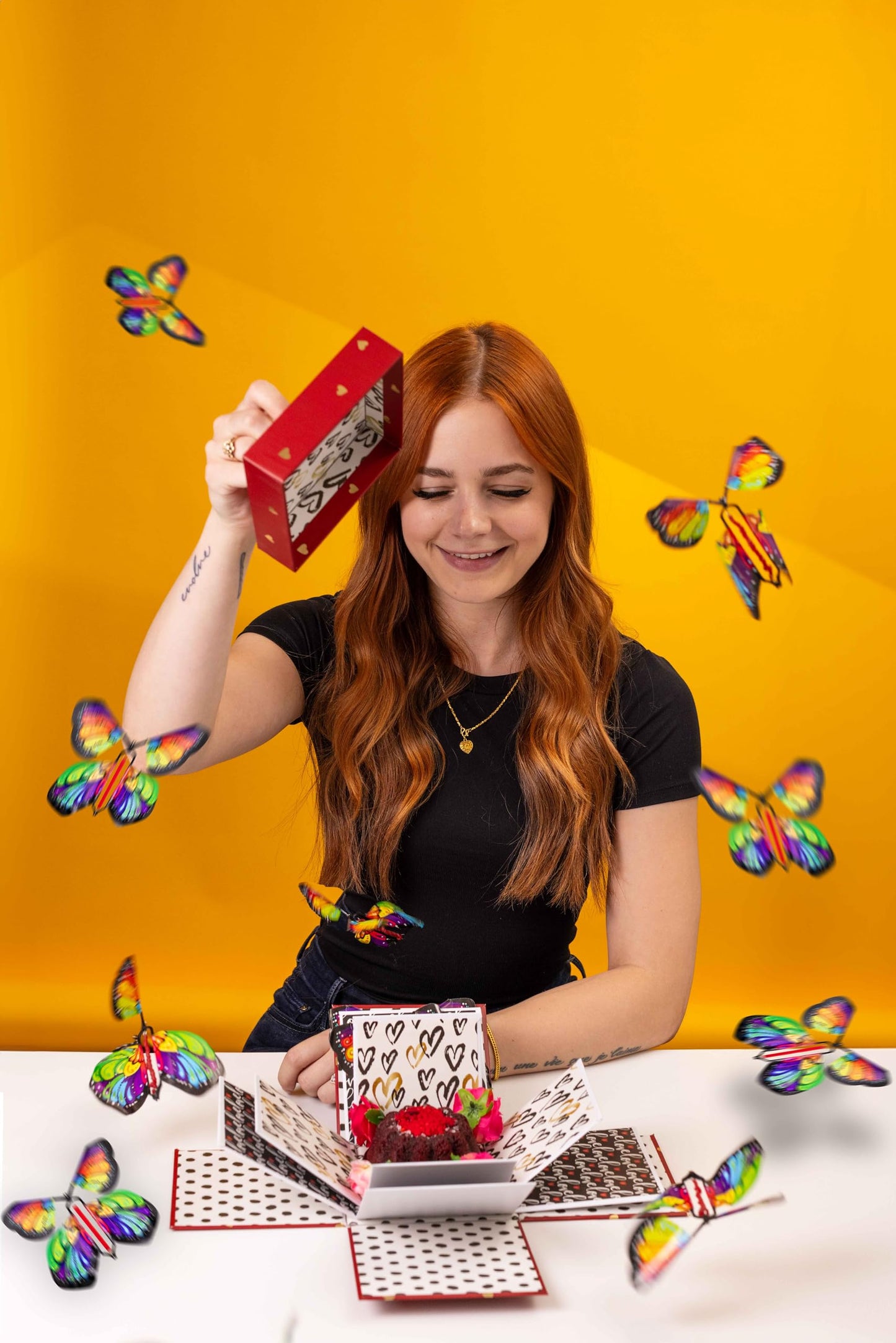 Love Butterfly Explosion Gift Box by Send A Cake – Flying Butterfly Surprise with Flower Shower & Red Velvet Mini Bundt Cake – Ready to Gift Birthday Surprise for Women, Men, Mom, Dad, Friends & Kids