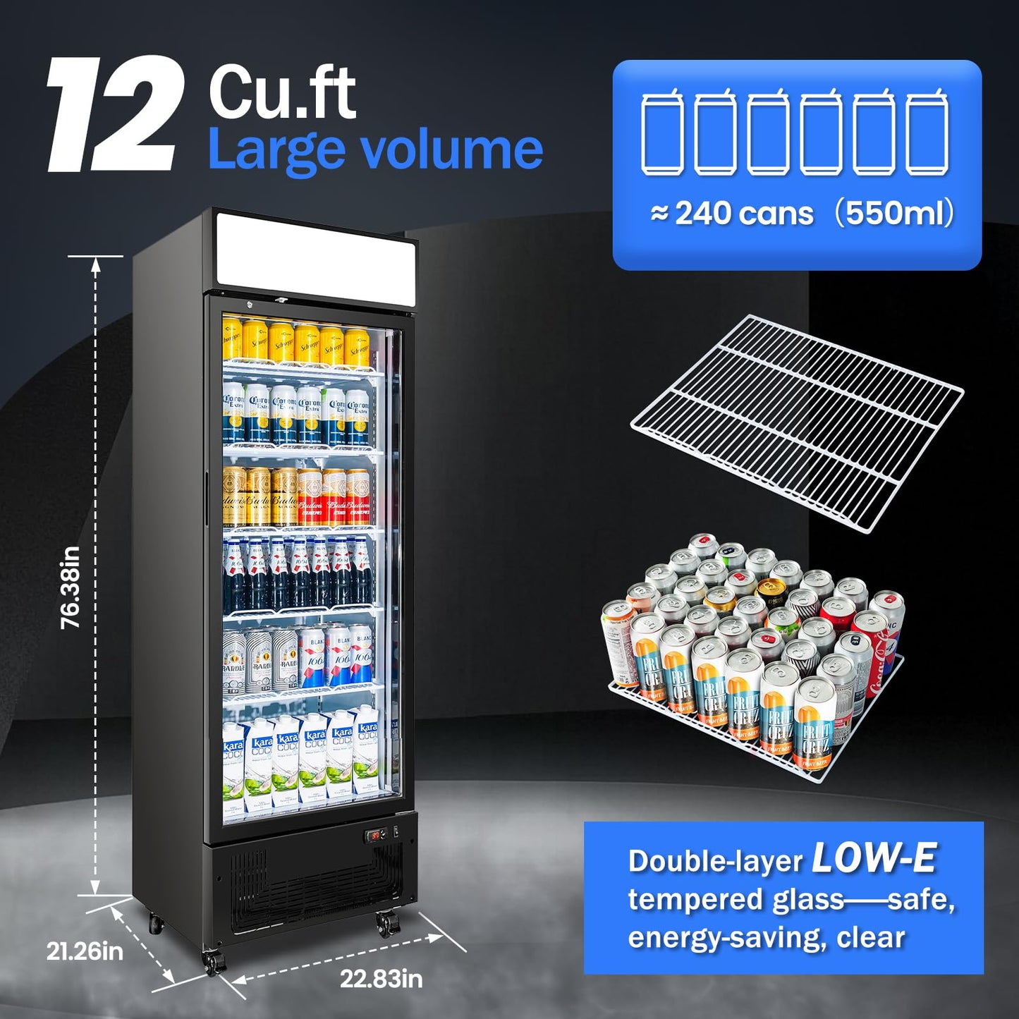BINGERMA Commercial Display Refrigerator with Glass Door 12 Cu.ft Merchandiser Beverage Cooler Bar Black Drink Fridge for Convenience Stores, Supermarkets,Bars,Offices