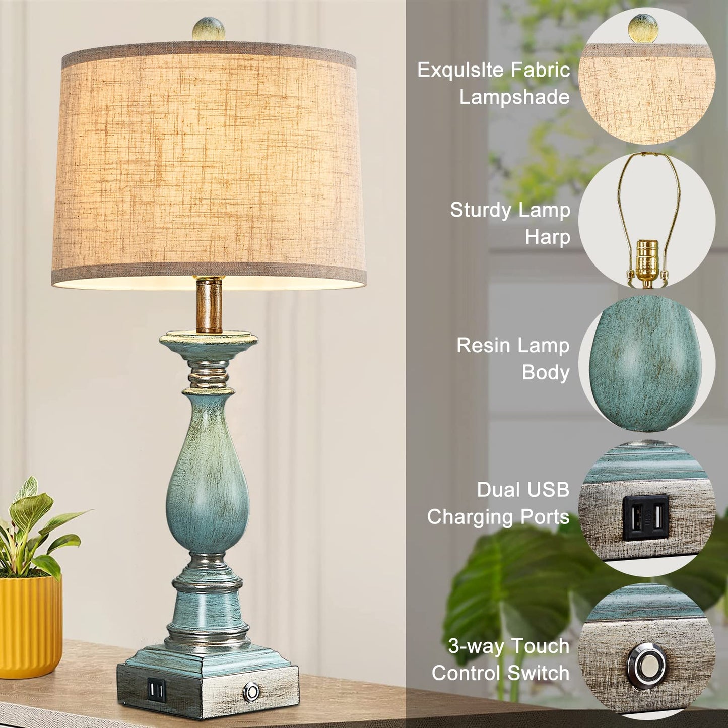 Farmhouse Table Lamps Set of 2 with USB Charging Ports, Touch Control Bedside Table Lamp for Bedroom Nightstand, 3-Way Dimmable Table Lamp for Living Room End Table, Linen Fabric Shade, Bulbs Included