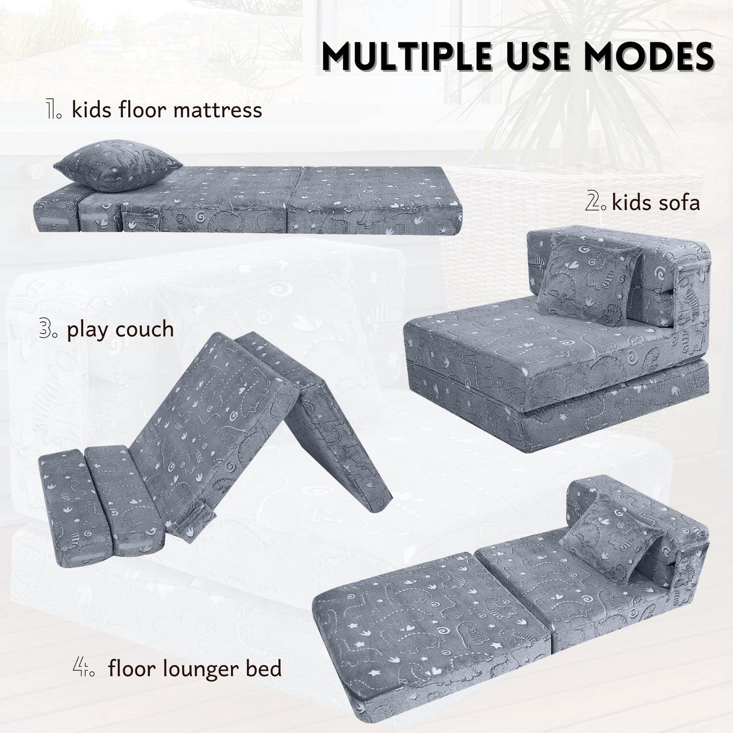 MeMoreCool Kids Floor Mattress Glow in The Dark, Convertible Sofa Couch, Folding Futon Chair Bed Sleeper for Baby Playroom (Glowing Dinosaur)