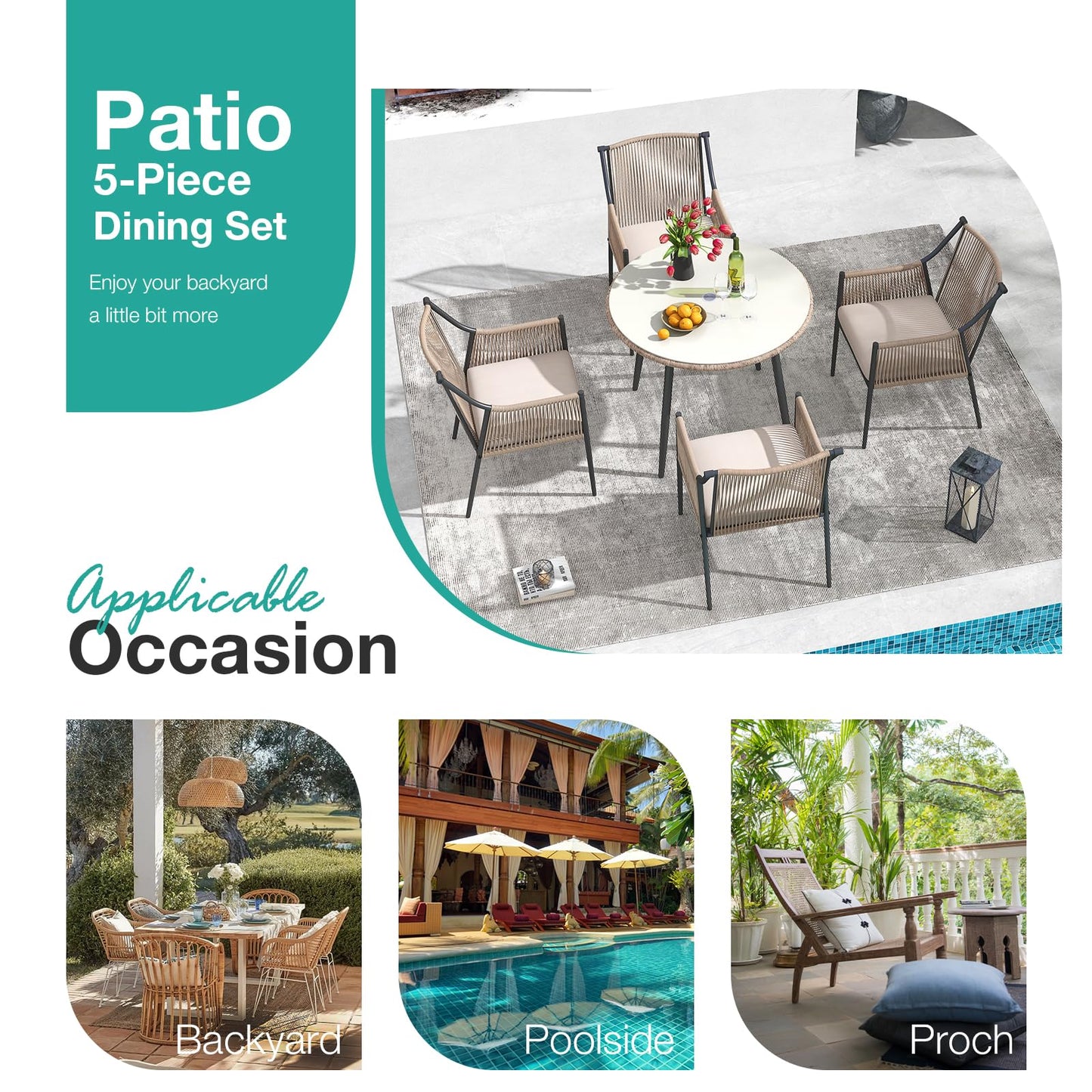 Patiorama 5-Piece Patio Dining Set, Outdoor Dining Table Chair Set, All-Weather Embossed Rattan Wicker Rope Conversation Set, Patio Furniture Set w/Umbrella Hole, 4 Cushioned Chairs&Glass Table(Beige)