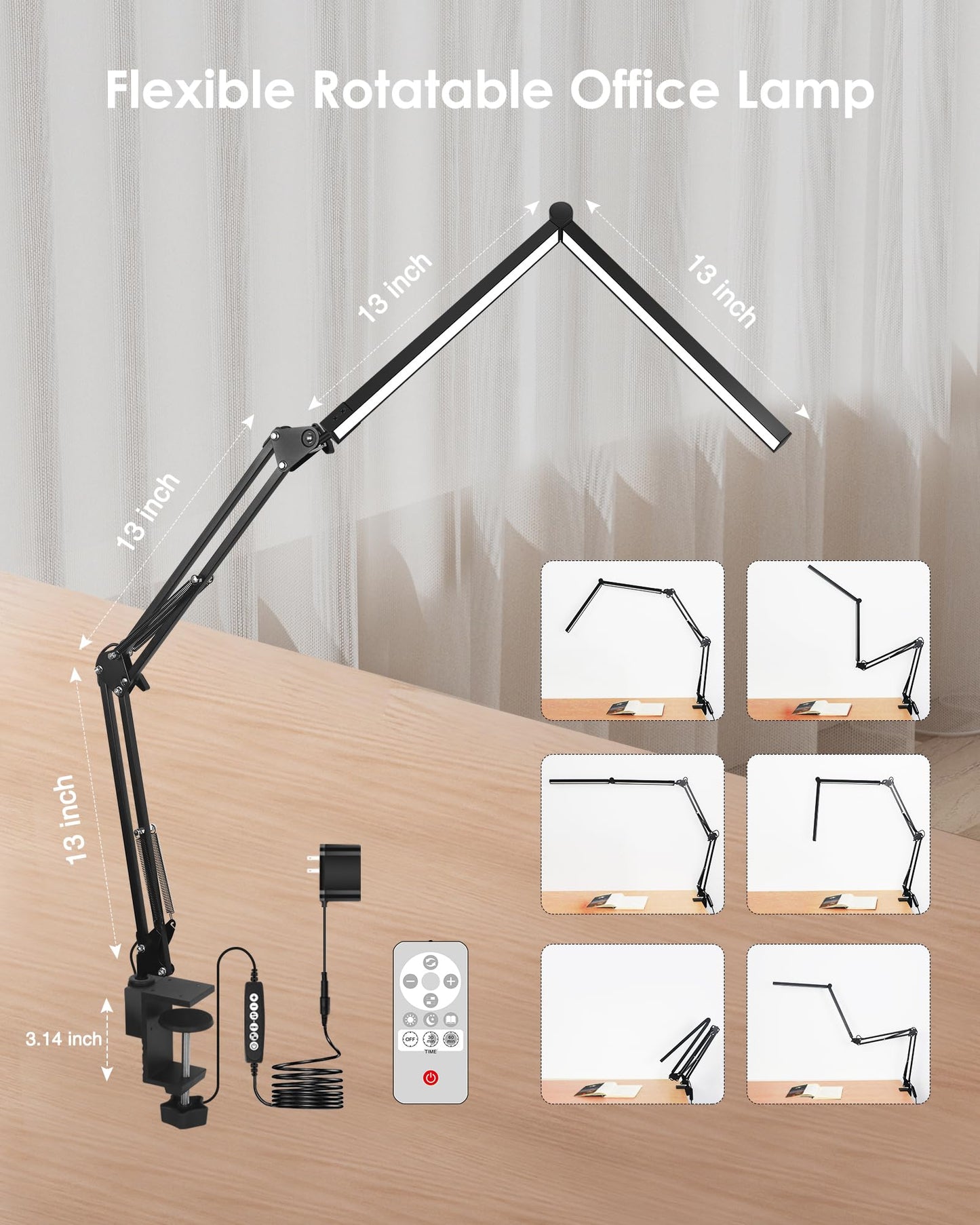LED Desk Lamp with Clamp, Double Head with Remote Control, 55" Adjustable Swing Arm Architect Desk Lamp, Memory Function for Home Office, Workbench, Reading, Craft, Drafting