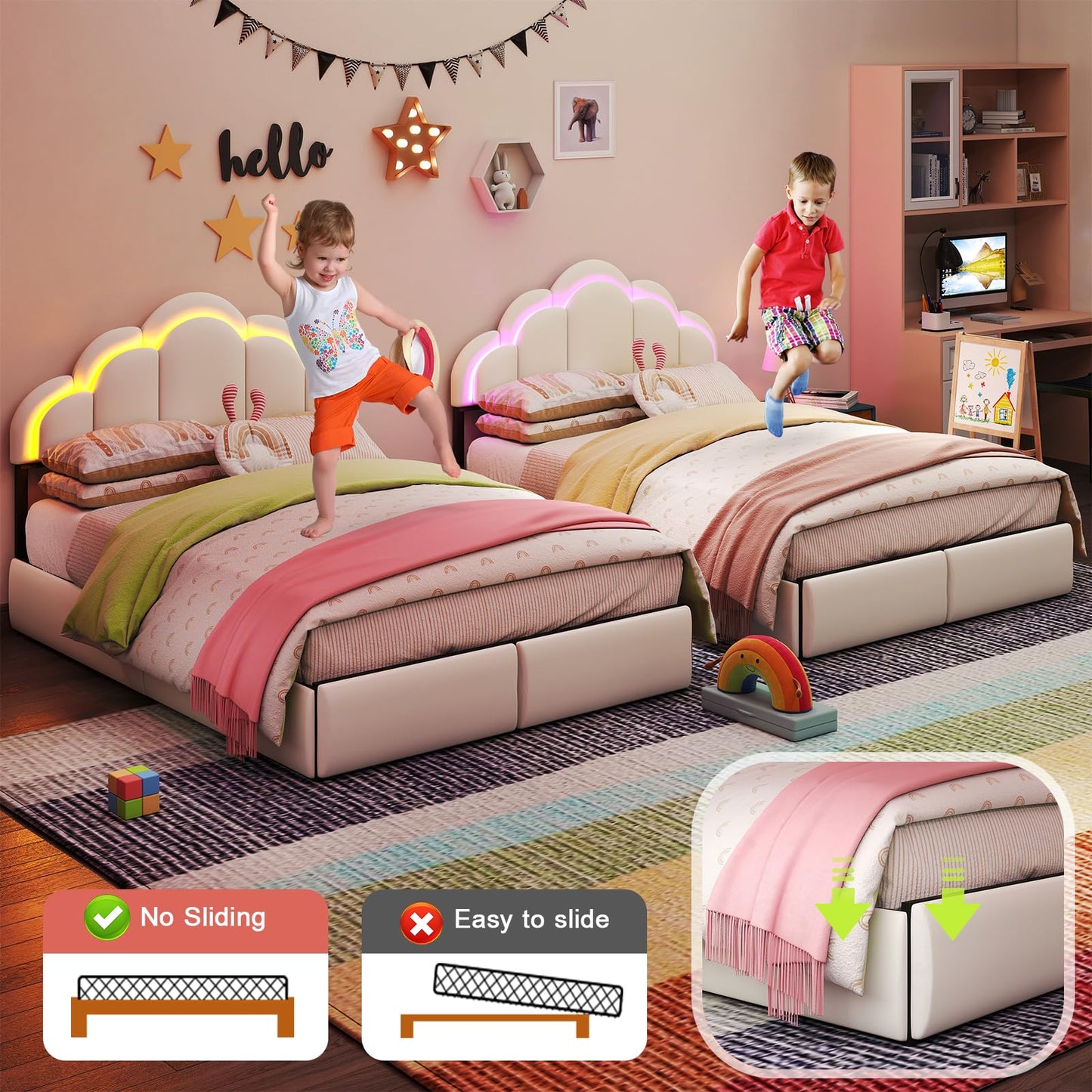 SADENICEL Full Upholstered LED Bed Frame with 2 Storage Drawers, Chic Double Wavy Headboard, Velvet Princess Platform Bed, Solid Wood Slats Support,No Box Spring Needed, Beige