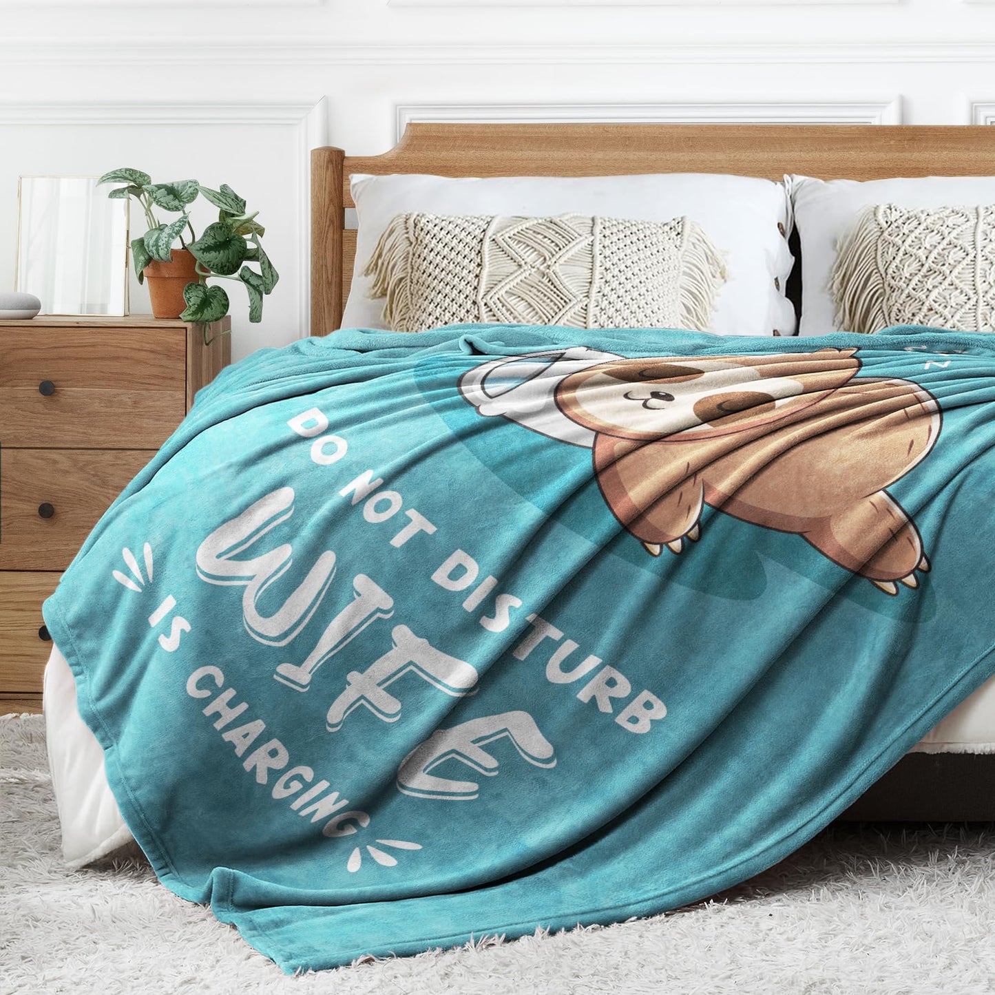 Funny Anniversary Birthday Gifts for Wife, Wife is Charging Sloth Blanket, Wifey Gifts from Husband, Wedding, Mother's Day, Valentines Day Present for Women, Super Soft Blanket for Her