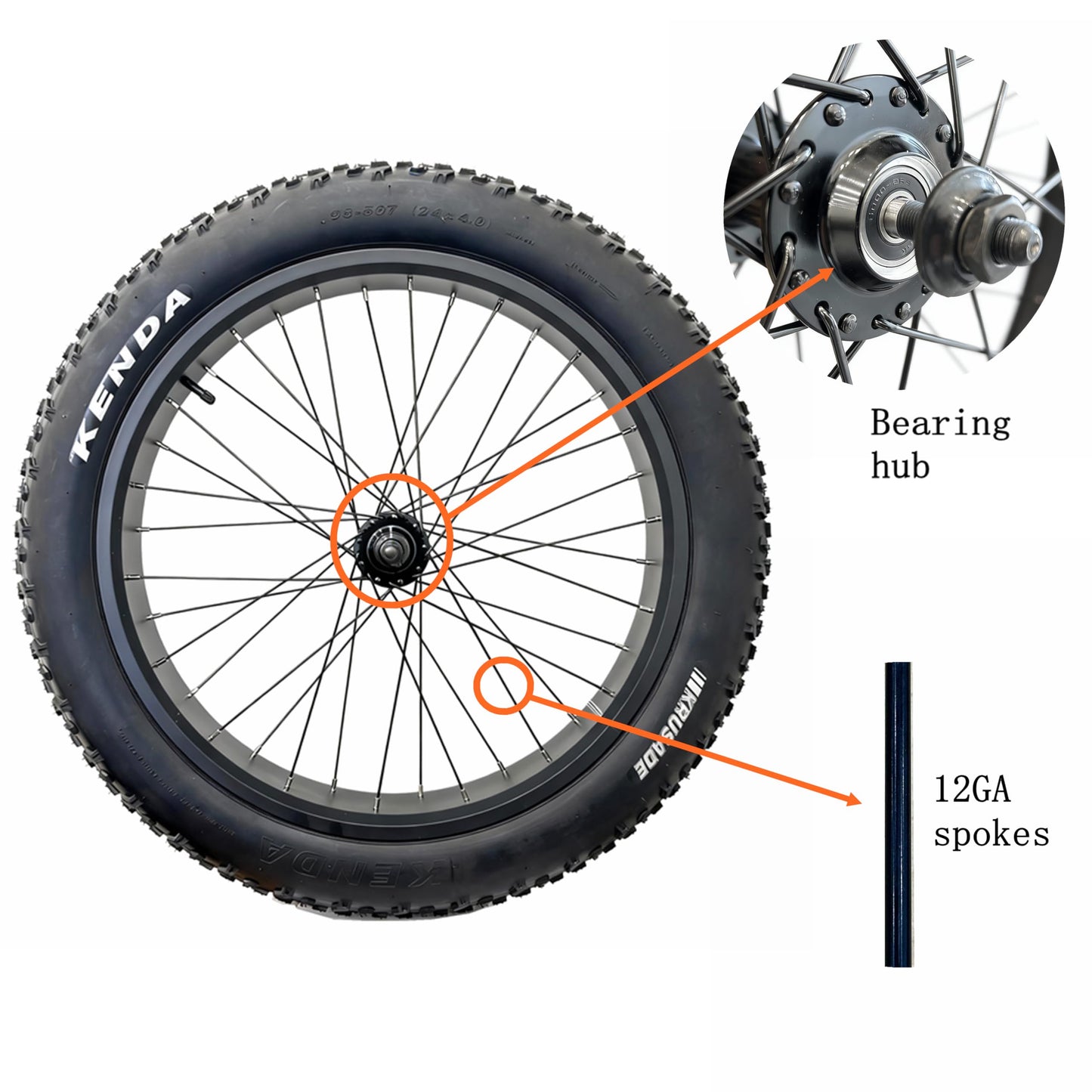Electric Fat Bike Front Wheel 24''x4.0 with Tire Bearing Hub 12GA Spokes Tyre Black Alloy Aluminum Snow Bicycle Snow Bike Rim Wheel 24 Bolt On