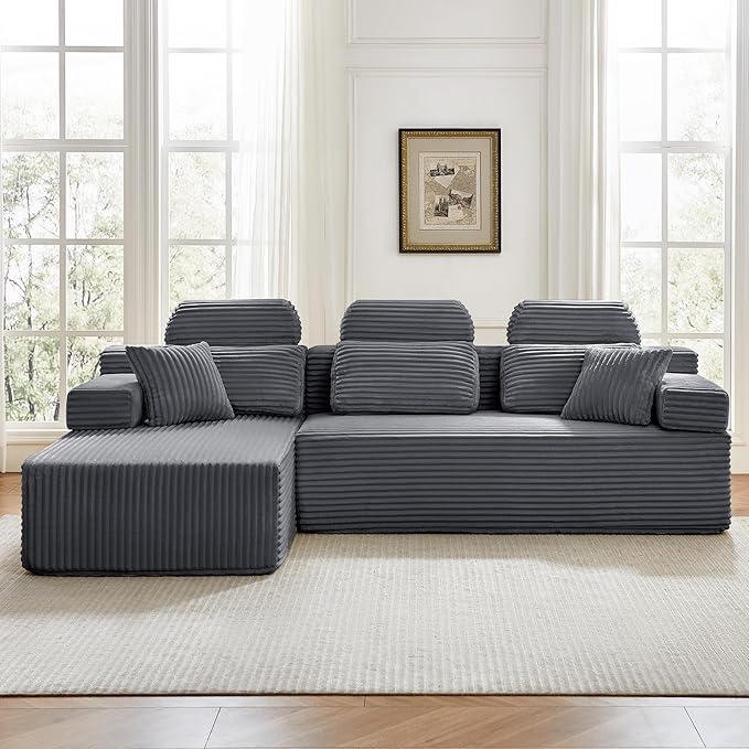 104" L-Shaped Cloud Modular Sectional Sofa with Chaise & Headrest, Boneless Deep Seat Plush Corduroy Couches for Large Living Room, No Assembly Required (Dark Gray, 104" L-shapred Chaise)