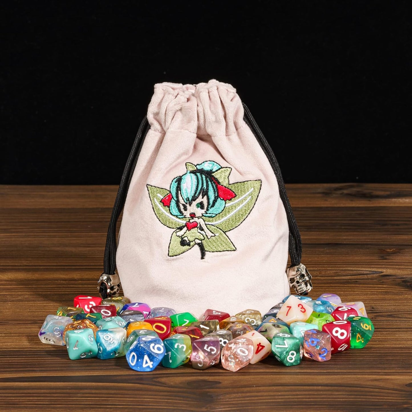 Large DND Dice Bag, Pink Storage Bag with Elf Pattern for D&D Role Playing Games Tabletop Games - Capacity 100+ Polyhedral Dice