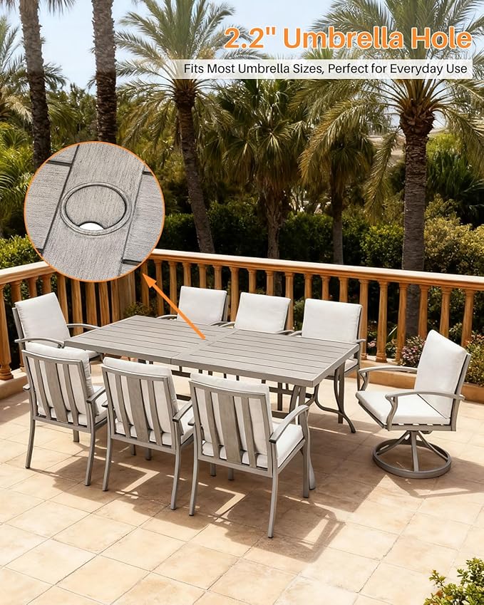 SEEHILL Patio Dining Table for 8, Aluminum Outdoor Dining Table with Umbrella Hole, 84" x 38.6" Rectangular Patio Table for Outside, Outdoor Patio Table for Deck, Garden Poolside, Limed Oak