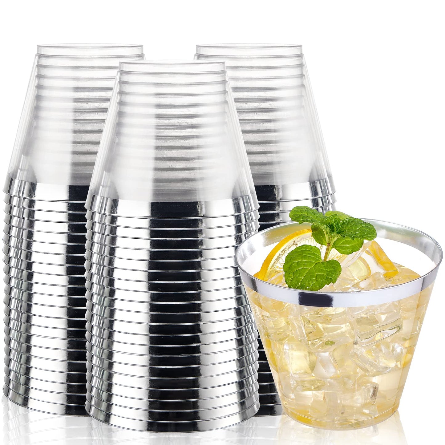 I00000 200pcs Silver Disposable Plastic Cups - 9 oz Clear Plastic Old Fashioned Tumblers - Fancy Wedding & Party Cups - Elegant Silver Wine & Cocktail Glasses