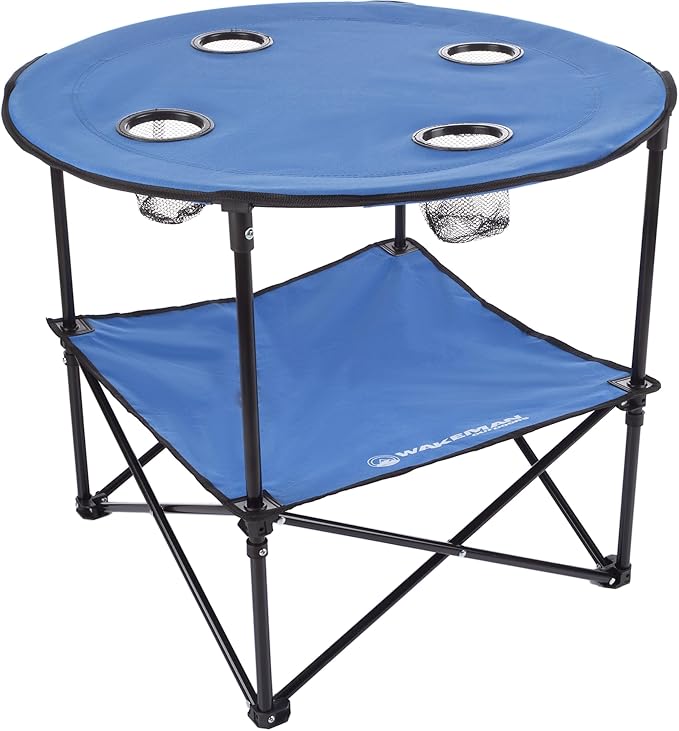 Wakeman Camp Table - Round 2-Tier Folding Table with 4 Cupholders and Carrying Bag - for Camping, Beach, Picnic, Sporting ...