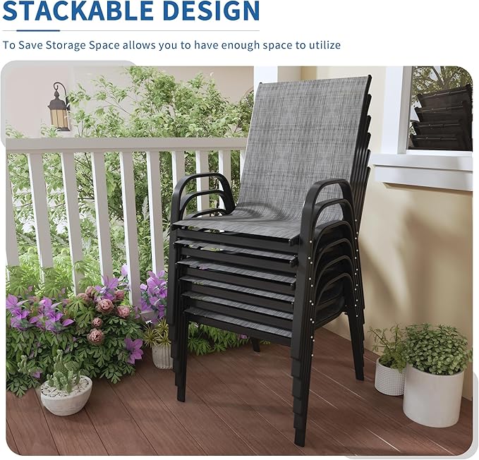 PIZZELLO Patio Chairs Set of 6 - Outdoor Stackable Dining Chairs for All Weather - Breathable Textilene Outdoor Chair Sets with Curved Armrests - 300Lbs Capacity - for Lawn Backyard Garden (Grey)
