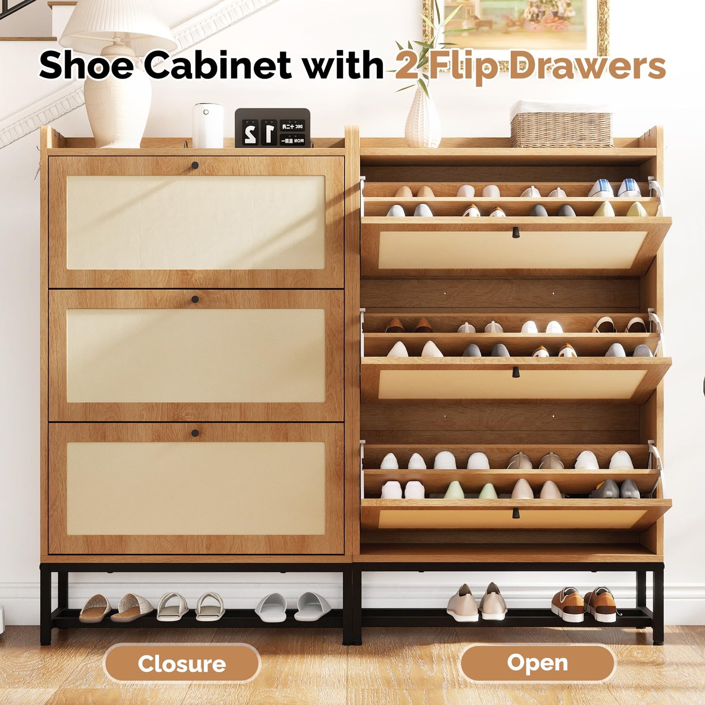 Aivermeil Slim Entryway Shoe Storage Cabinet with 2 Flip Drawers, Modern Freestanding Shoes Organizer Holds 16-20 Pairs, Closed Shoe Storage for Hallway, Foyer - Space-Saving Wood Shoe Rack