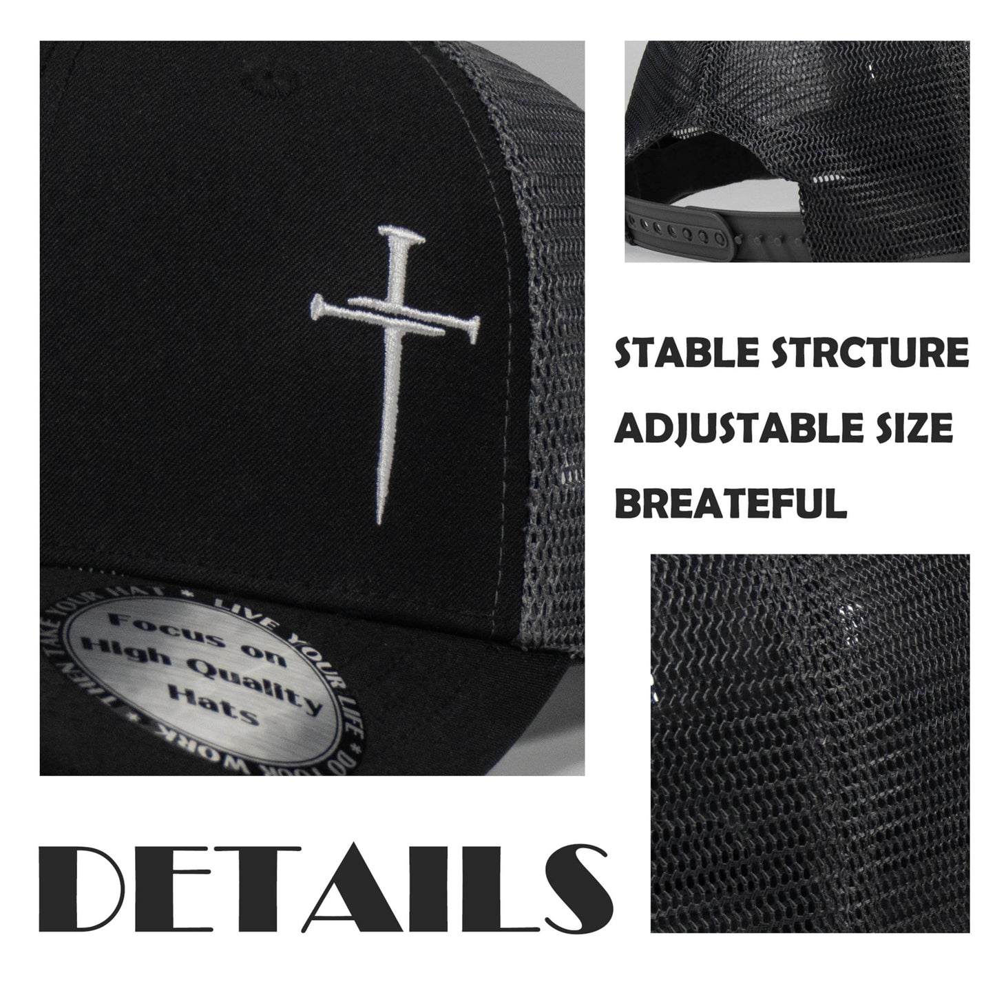 Christian Hats for Men Women,Jesus 3 Nail Cross Hat Christian Religious Gifts for Birthday/Christmas,Black and Silver