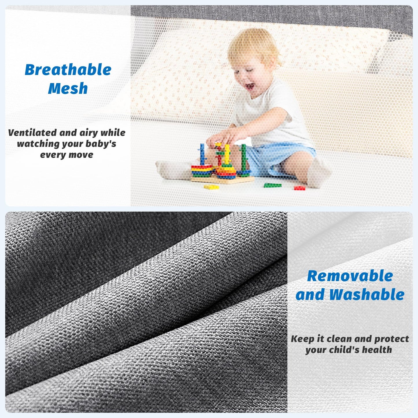 PNXDFC 3-Piece Queen Size Bed Rails for Toddlers, with Headboard Rod -Height Adjustable Baby' Safety Bed Rails Guard for Queen Size Bed(3Pack 78.7"x78.7"x59"-Gray)