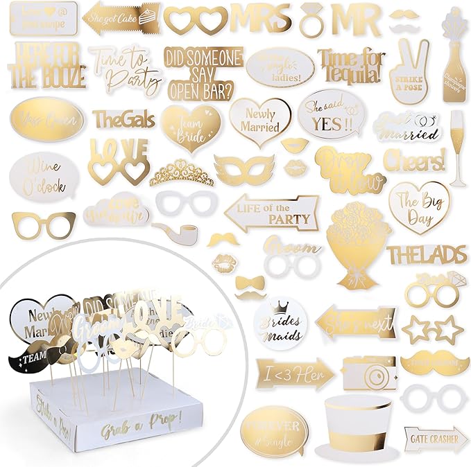 SOUL SHIFT 60PCs Fully Assembled Wedding Photo Booth Props - Prop Stand - Gold Signs - Elegant Wedding & Reception Party S...