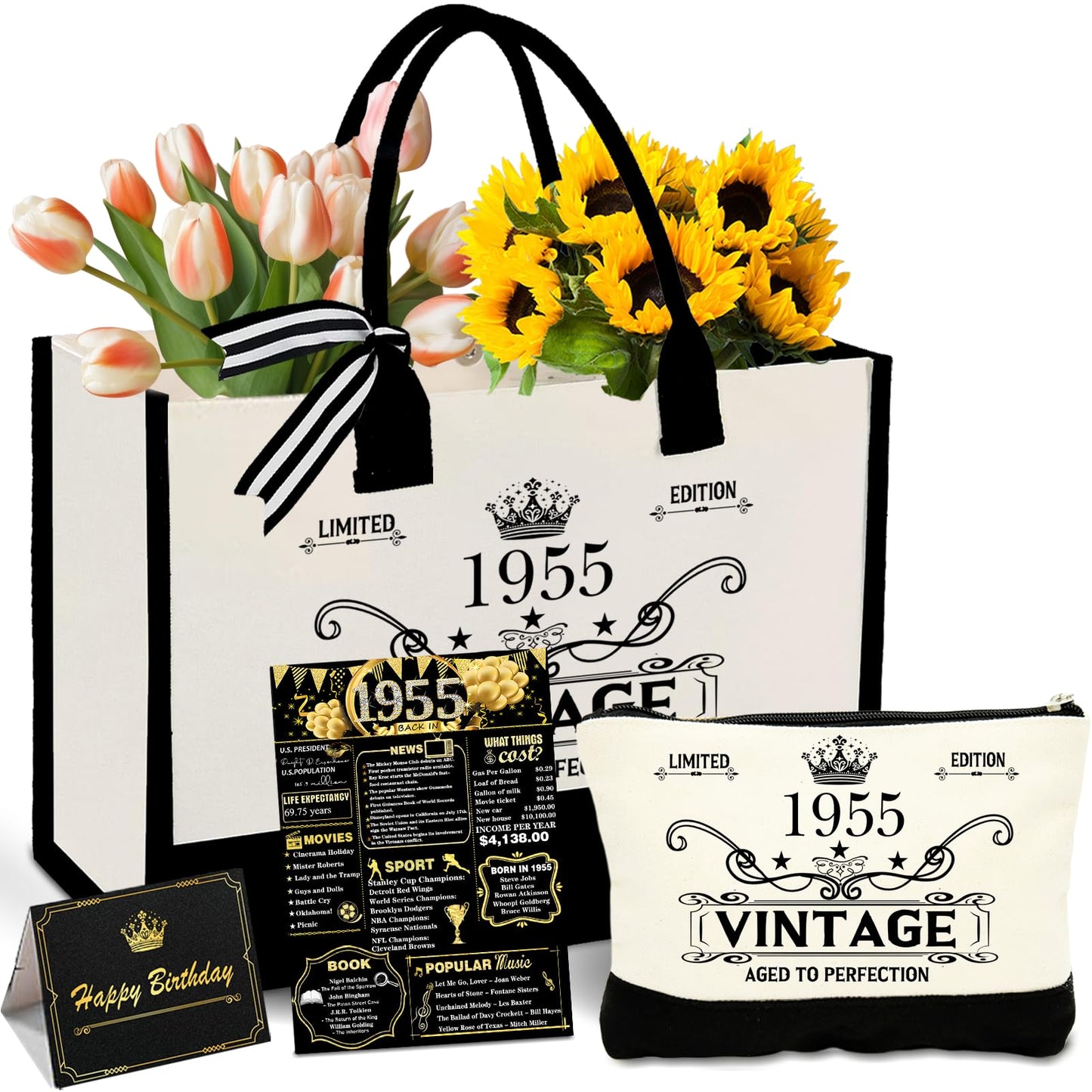 GemsLives 70th Birthday Gift for Women Canvas Tote Bag - Personalized 70 Years Old Gifts for Women/Mom/Aunt/Friends/Wife/Sister,Vintage 1955 Canvas Tote Bag+Cosmetic Bag & Back in 1955 Poster