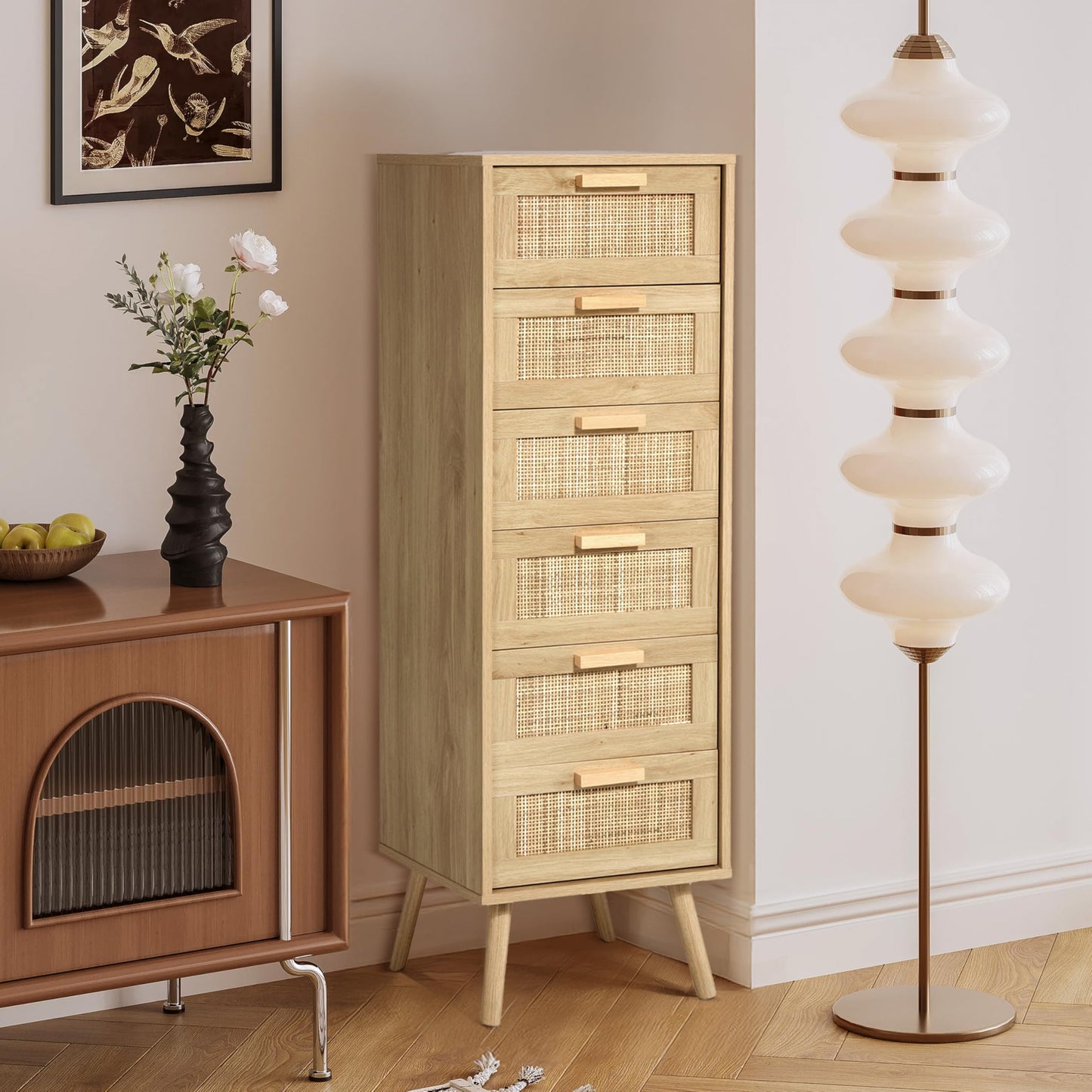 Finnhomy Rattan Dresser for Bedroom, Tall Dresser with 6 Hand Made Rattan Decorated Drawers, Small Chest of Drawers for Living Room, Closet, Hallway, Natural