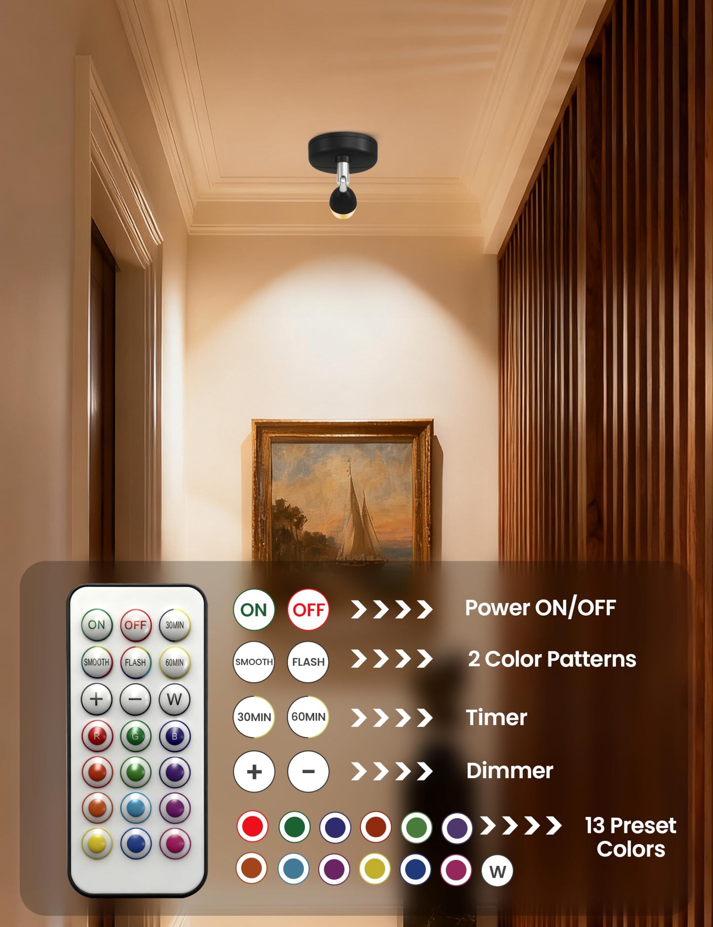 KINDEEP Mini Spotlight for Displays Indoor: LED Uplighting Wireless, RGB Spot Lights with Remote, Timer＆Dimmable, Picture Lights for Painting, Artwork, Accent Lighting, Black, 6 Pack