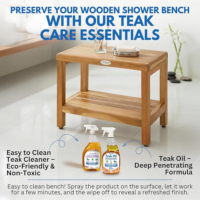 EcoDecors Eleganto 24 Inch Natural Color Waterproof Teak Wood Shower Bench Stool Seat Chair For Inside Shower Provides Safety, Storage, and Organization For Bathroom Accessories