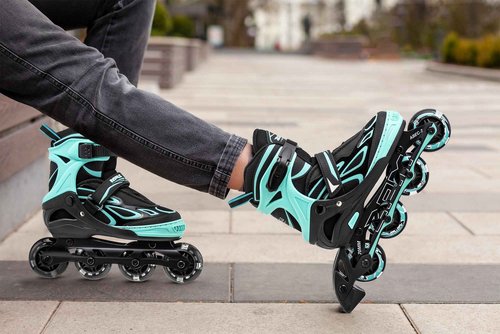2PM SPORTS Vinal Girls Adjustable Flashing Inline Skates, All Wheels Light Up, Fun Illuminating Skates for Kids Women and Men - Mint Medium