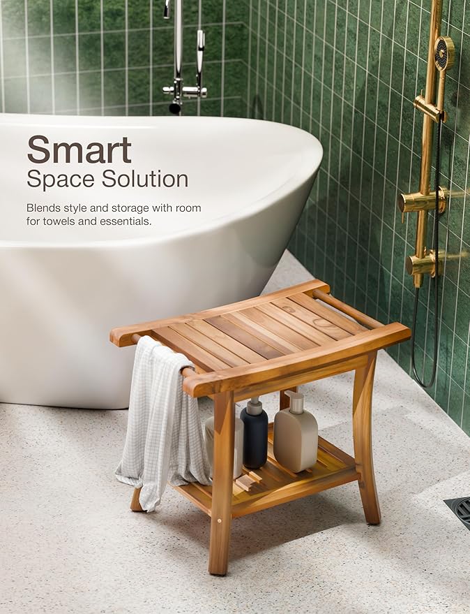 Tinamo 22" Teak L Shower Bench Seat for Inside Shower - 400Lbs Capacity - Wooden Shower Bench with Shelf - Bathroom Bench and Teak Shower Stool for Spa and Bath - Wood Bench for Relaxing Bath