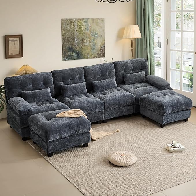 GRAINLLE 119'' Modular Sectional Cloud Couch with 2 Ottoman,Deep Seat Sleeper Sofa U Shaped Sectional Couch,Convertible Upholstered Comfy Chenille Sectional Sofa for Living Room,Bedroom(Blue)