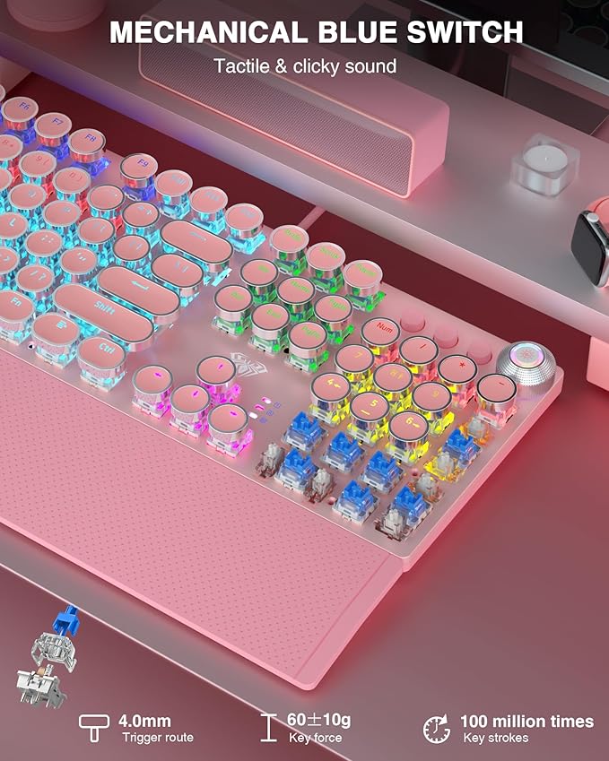 AULA F2088 Typewriter Mechanical Keyboard, Pink Retro Wired Gaming Keyboard with Blue Switches, Rainbow Backlit, Round Keycaps, Media Knob & Removable Wrist Rest