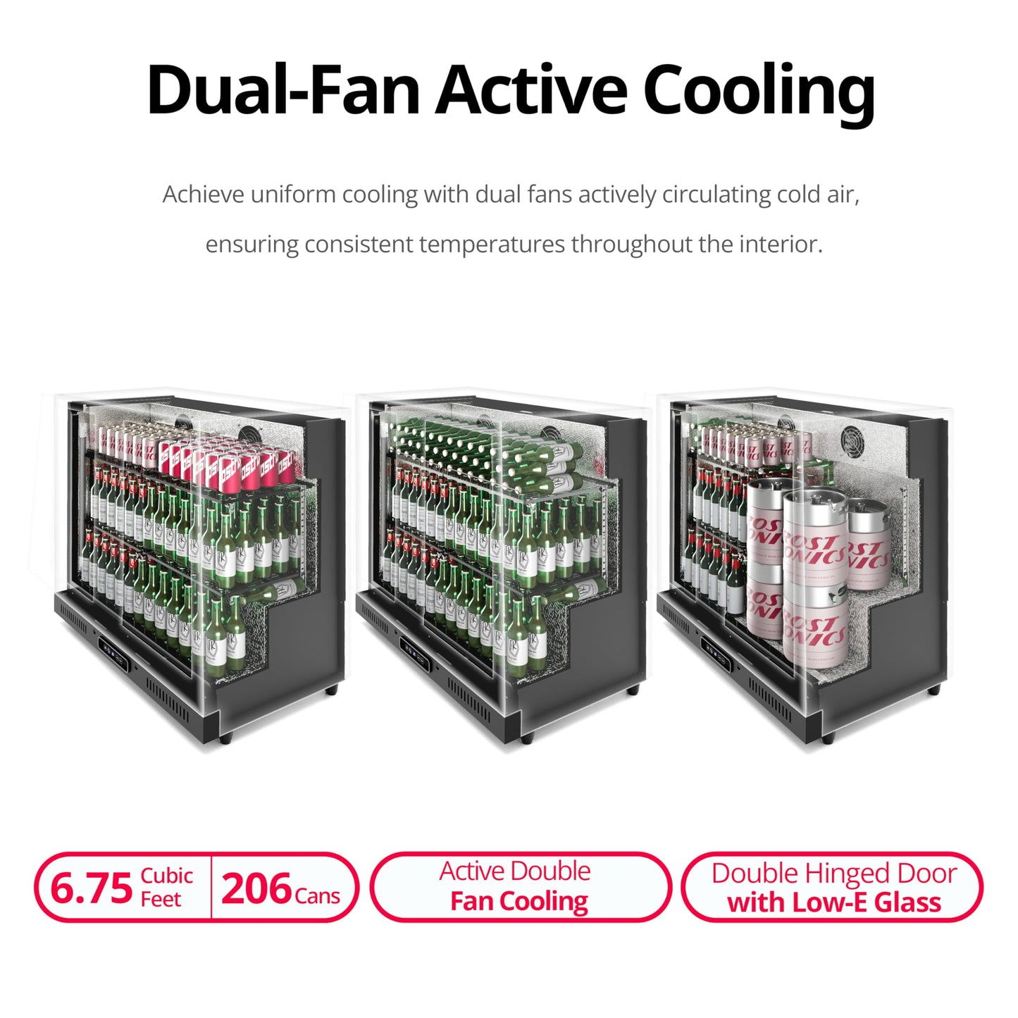Frostronics 36 inch 206 cans Duo Hinged Door Back Bar Beverage Cooler, 6.75 cu. ft. Under Counter Glass Door Bar Fridge with hinged doors, lockable, 32-50°F Display Refrigerator, ETL Certified, Black
