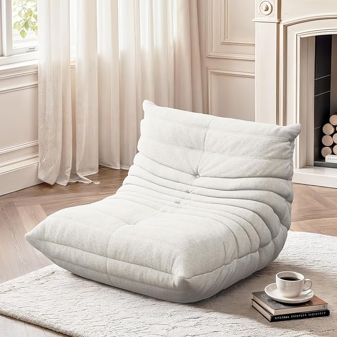 Bean Bag Chair for Adults, Fireside Togo Chair, BeanBag Chairs for Teens with High-Resilience Memory Foam, Non-Slip Base Compressed Floor Lounge Sofa for Living Room, Bedroom, White