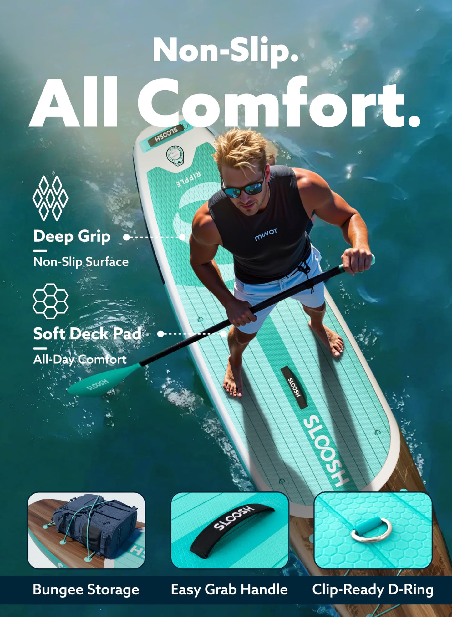 SLOOSH Inflatable Stand Up Paddle Board, 10'6" Paddle Boards with Premium Accessories, Non-Slip EVA Deck, Ultra-Light Carry Bag, Ripple SUP for Youth & Adults of All Skill Levels, Aqua Breeze
