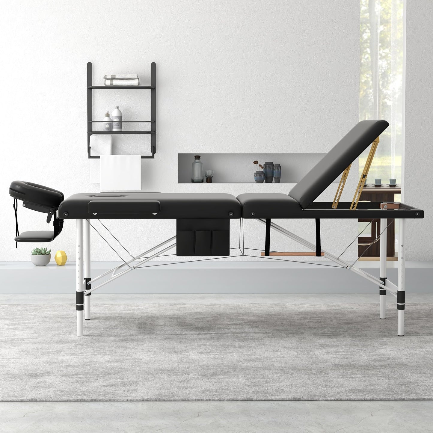 ABET Massage Table, 3 Fold Portable Professional Lash Tattoo Spa Bed, Height Adjustable 23.5" Wide Compact Facial Table with Detachable Oil Pocket Towel Rod Face Cradle Armrest, Aluminum Feet & Black