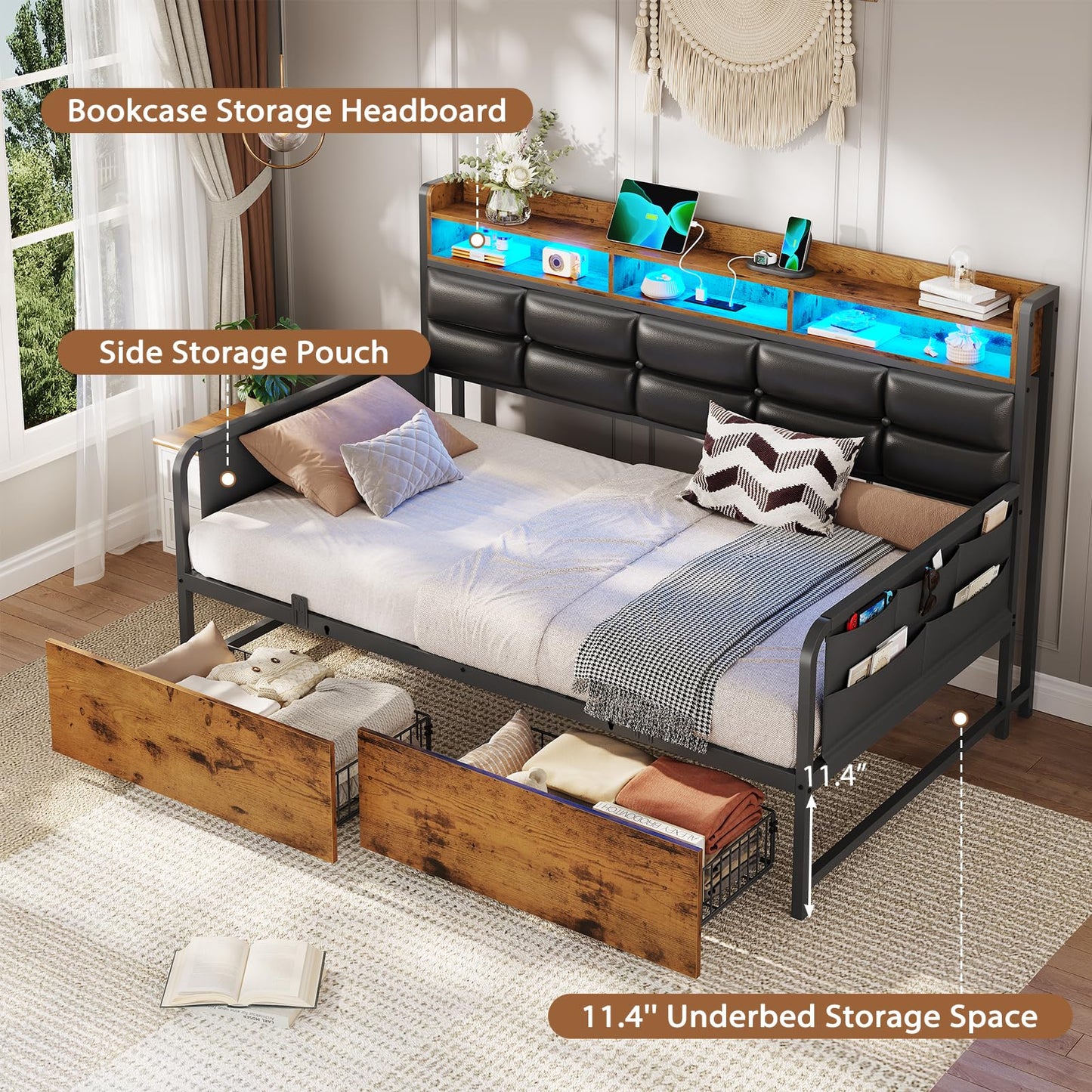VIAGDO Daybed with 2 Drawers, Twin Day Bed with Upholstered Headboard and Charging Station, Metal Day Bed Frame with Storage and LED Lights, Twin Daybed for Living Room, Bedroom, Guest Room, Black