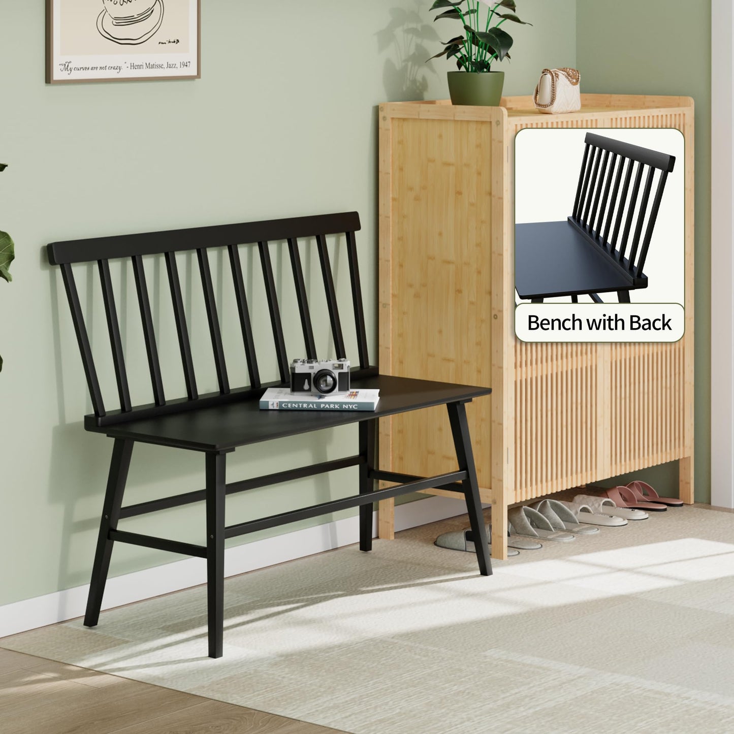APRTAT Bamboo Entryway Bench, Farmhouse Dining Bench with Spindle Back 3 Person Indoor Bench Chair Wood Windsor Bench Durable Easy Assembly for Foyer Balcony Hallway Living Room (Black)