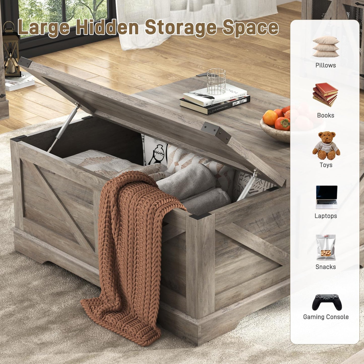 Hlivelood 40” Large Farmhouse Lift Top Coffee Table with Power Outlets and Large Hidden Storage, Square Wood Living Room Tables, Multi-Function Lift Wooden Barn Door Center Table, Grey