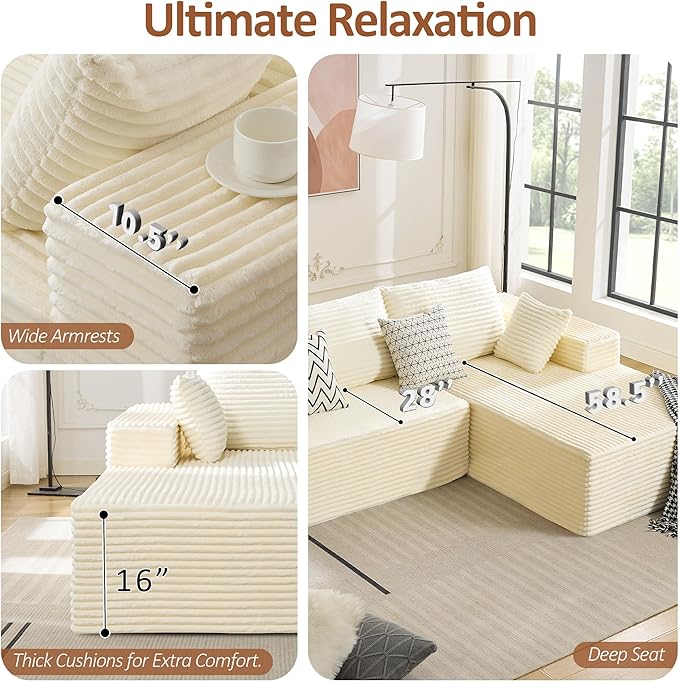 WUTUTUEE 110" Boneless Sectional Couch with Chaise Lounge, Cloud Couch Compressed Sofa L Shape, No Assembly Memory Foam Sofa for Living Room, White Corduroy