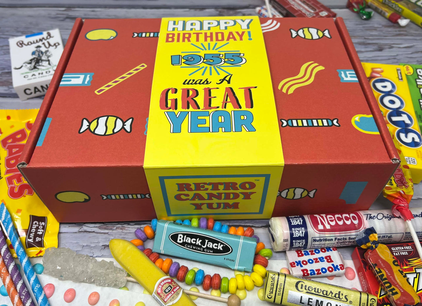 RETRO CANDY YUM ~ 1955 70th Birthday Nostalgic Candy Gift Basket Box Assortment from Childhood Memories for 70 Year Old Woman or Man Born 1955 jr