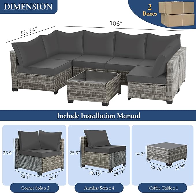 FHFO 7 Pieces Outdoor Patio Furniture Set, Outdoor Conversation Sets Wicker Sectional Couch Rattan Sofa with Thick Cushions & Coffee Table for Garden, Balcony, Backyard, Grey-Grey