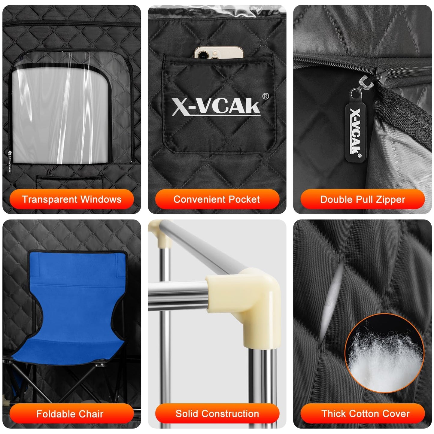 X-Vcak Upgraded Sauna Box for Relaxation, Detoxification, Portable Steam Sauna for Home with Steamer, Remote Control, Folding Chair, 9 Levels, 2.6’ x 2.6’ x 5.9’, Black